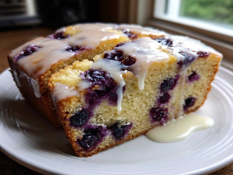 A close-up of a moist slice of blueberry bread topped with a thick, dripping vanilla glaze.