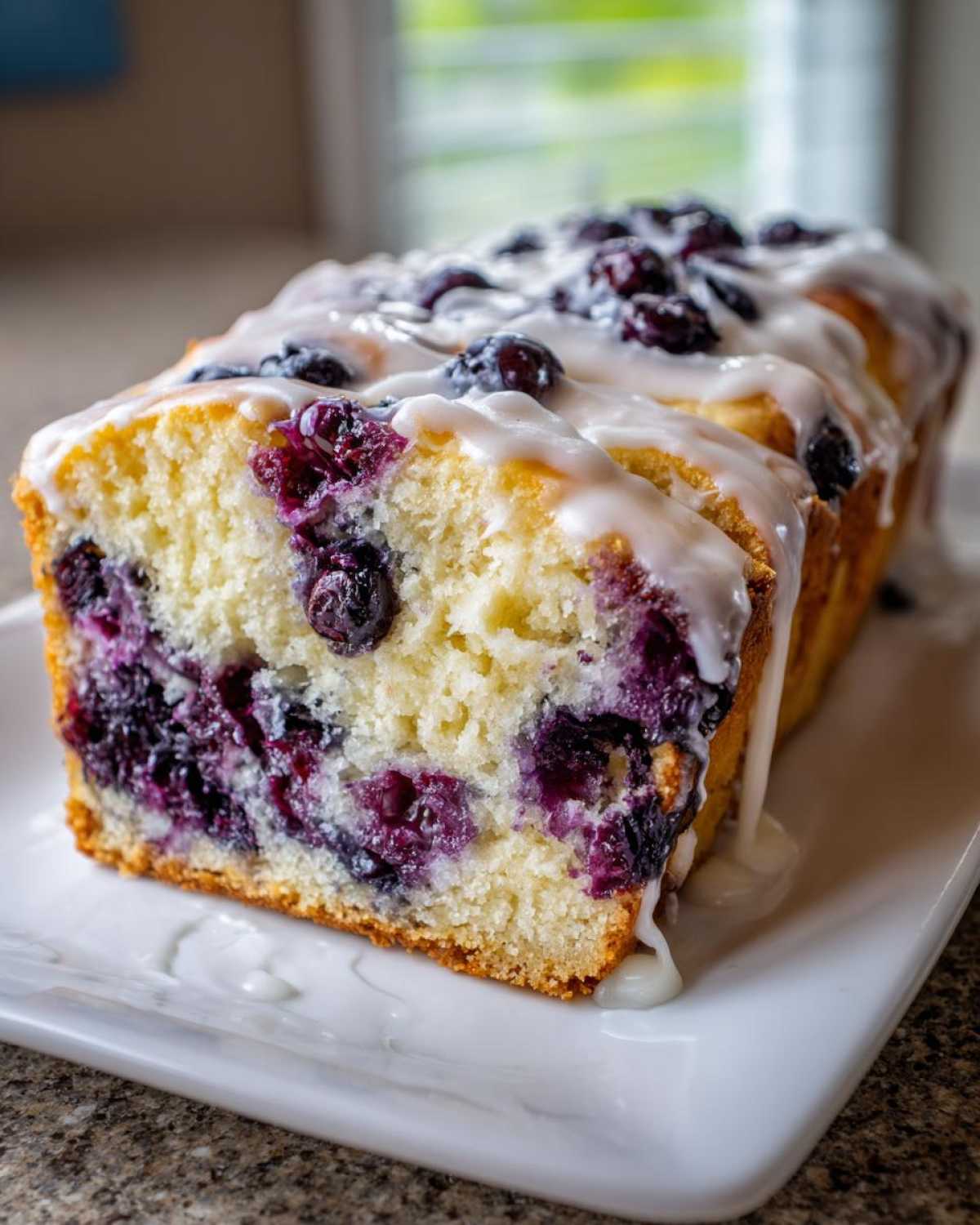 A close-up of a slice of moist blueberry bread topped with a sweet vanilla glaze and fresh blueberries.