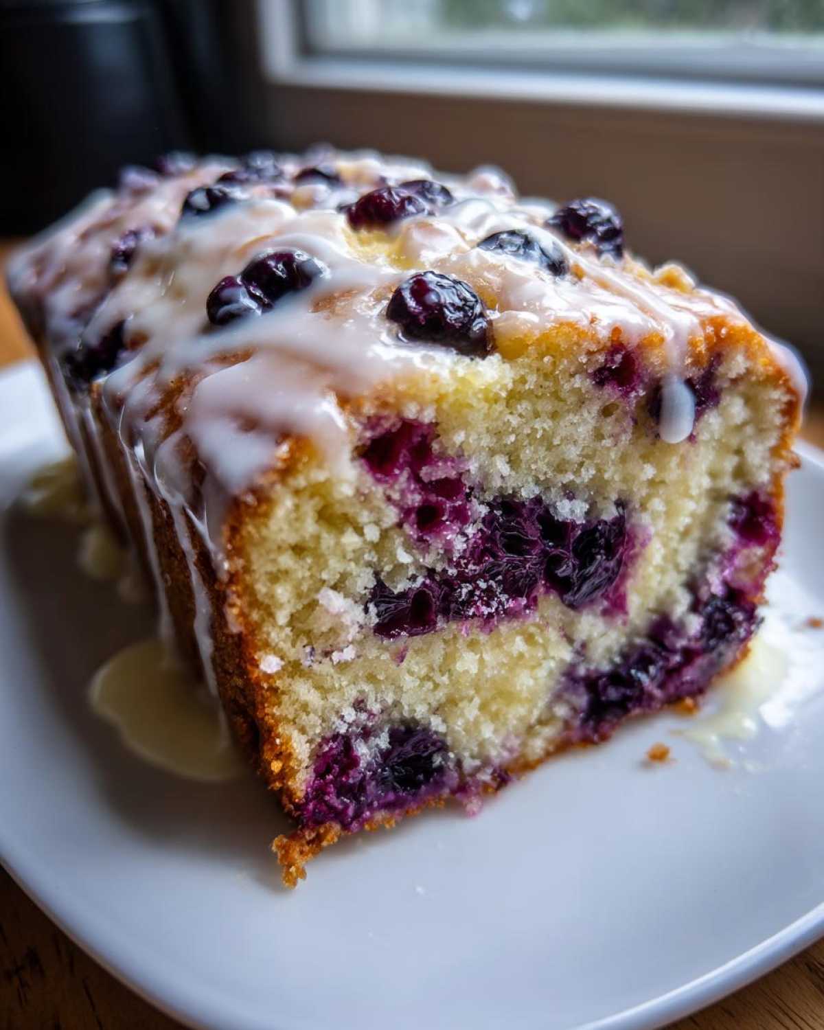 A close-up of a moist slice of blueberry bread topped with a thick white glaze and fresh blueberries.