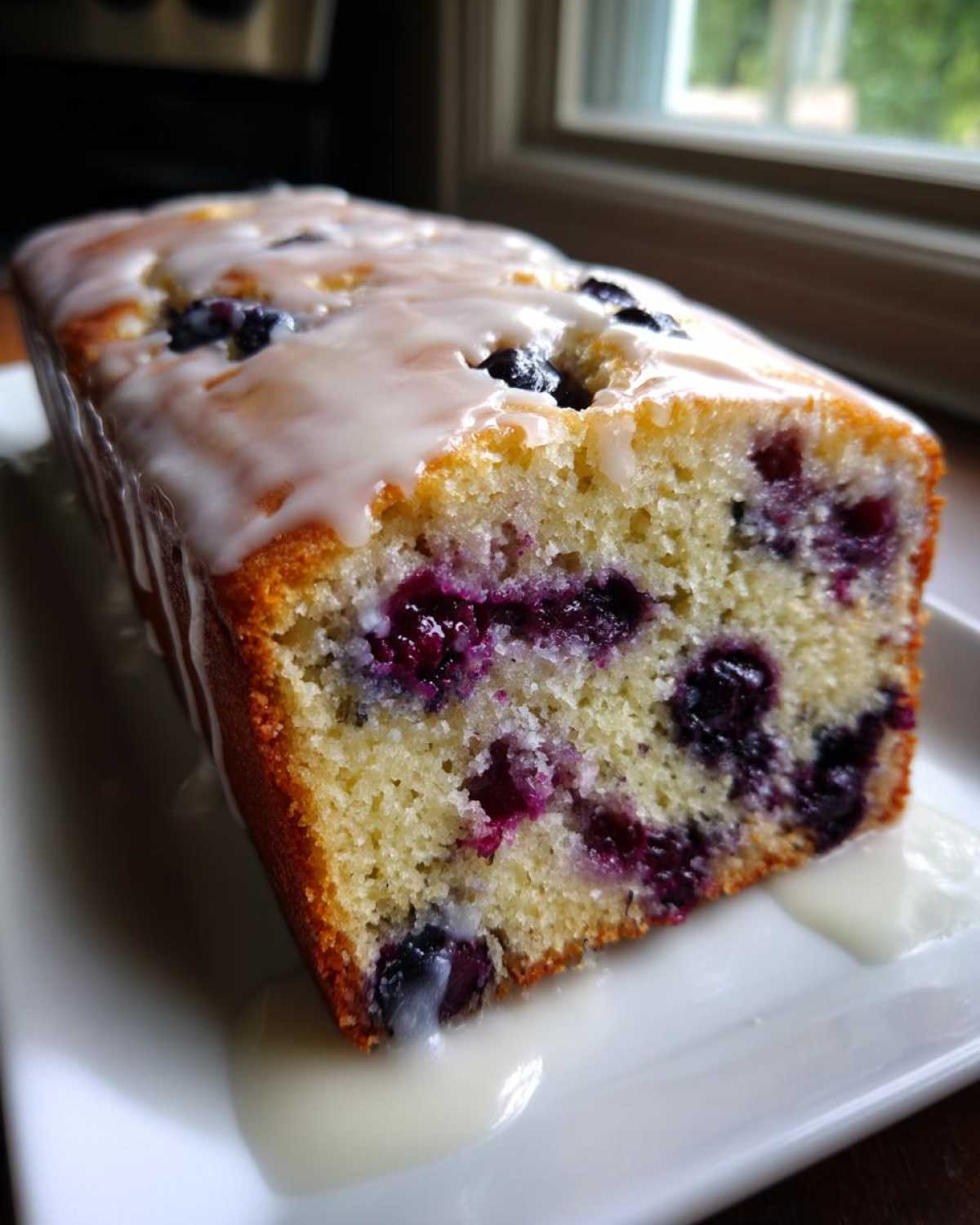 Close-up of a slice of moist blueberry bread topped with a thick, dripping white glaze.