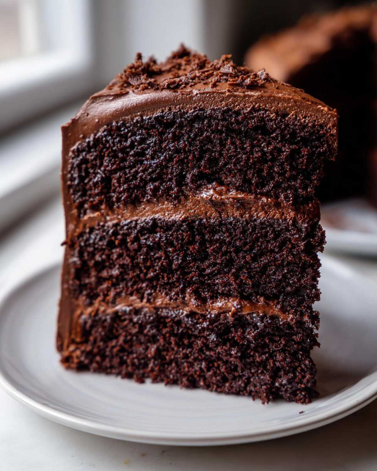 Close-up of a thick, moist slice of dark chocolate cake recipe with rich chocolate frosting layers.
