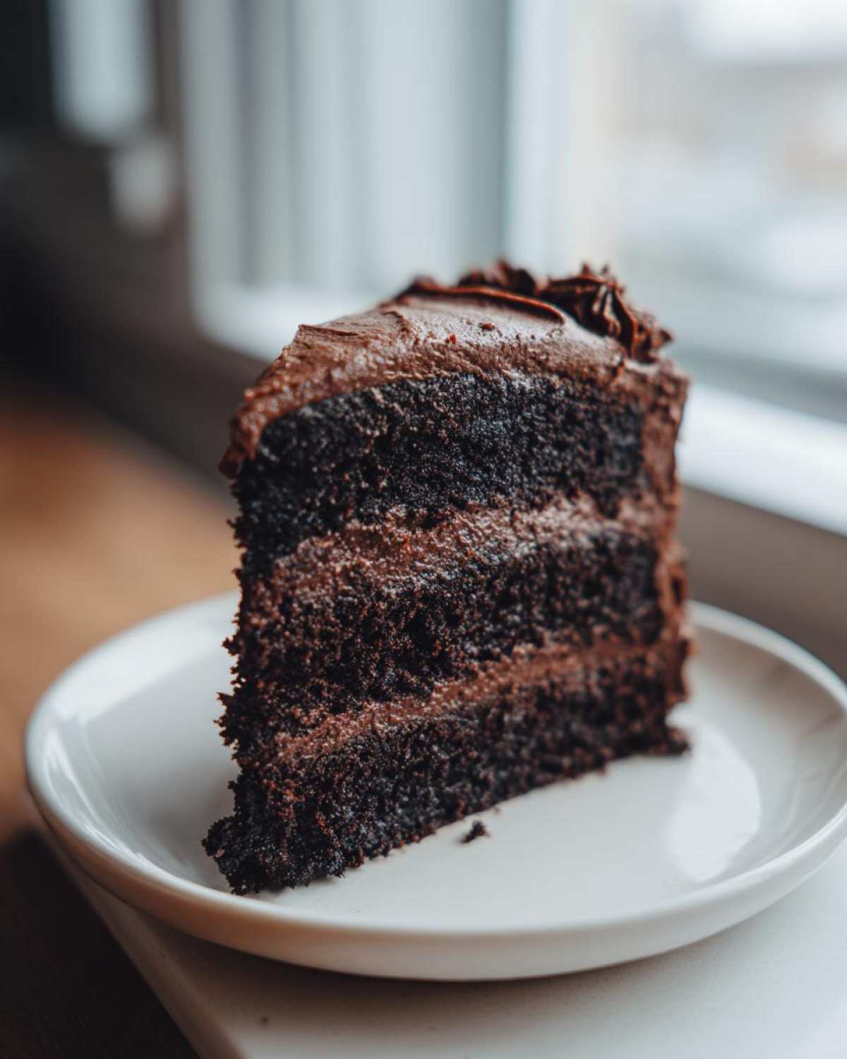 A decadent slice of moist chocolate cake recipe with three layers of dark cake and rich chocolate frosting.