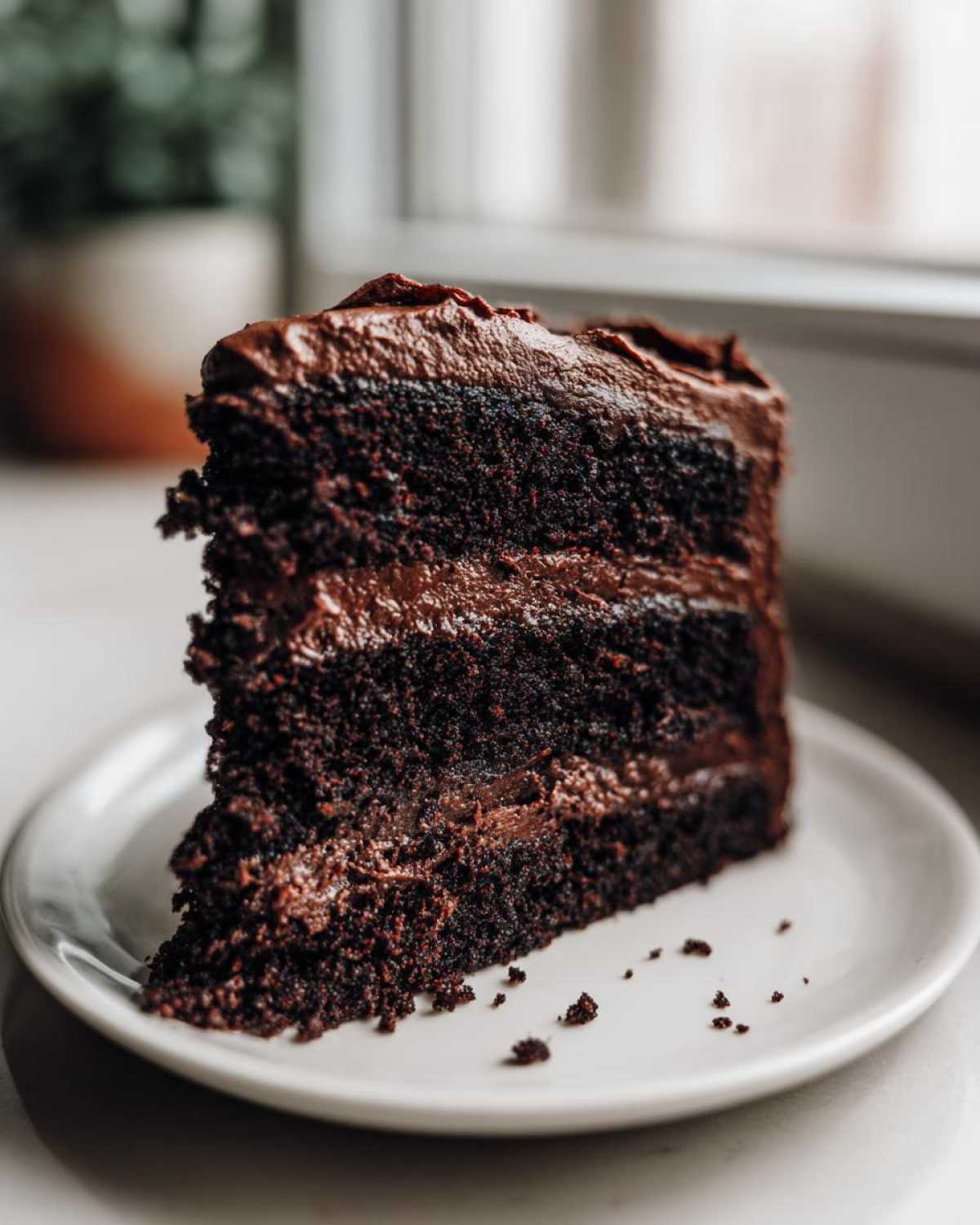 A tall, moist slice of three-layer chocolate cake recipe with thick chocolate frosting on a white plate.