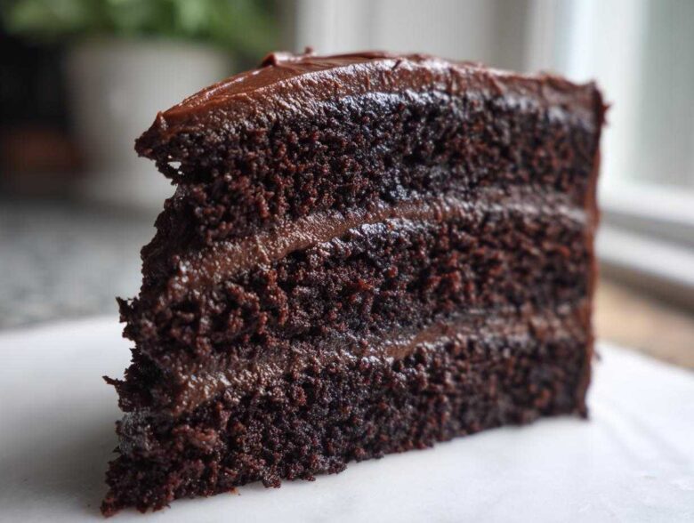 Close-up of a moist, dark slice of three-layer chocolate cake recipe with rich frosting.