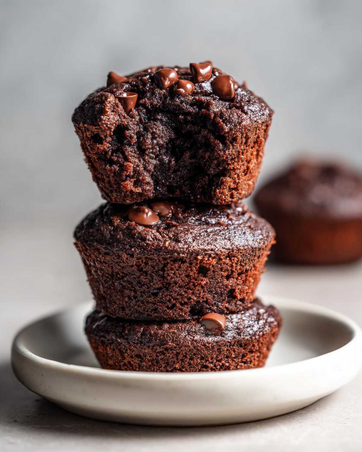 A stack of three moist chocolate zucchini muffins topped with melted chocolate chips on a small white plate.