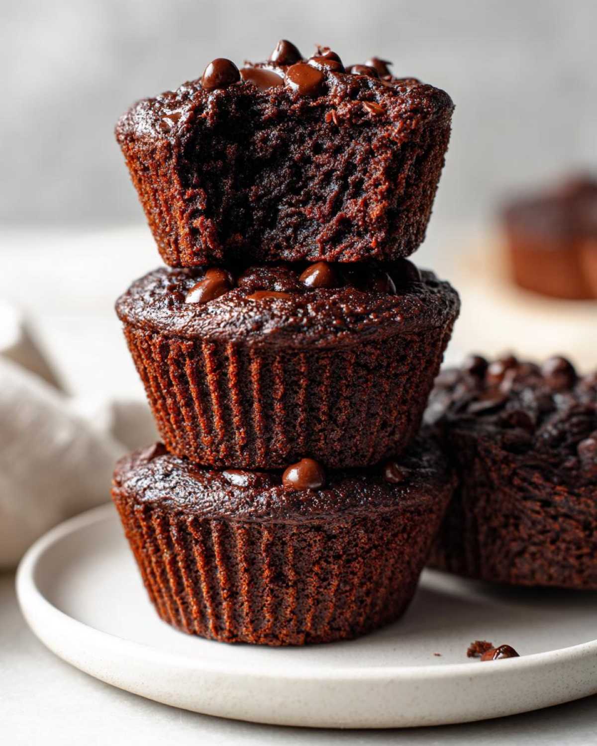 A stack of three incredibly moist chocolate zucchini muffins topped with melted chocolate chips.