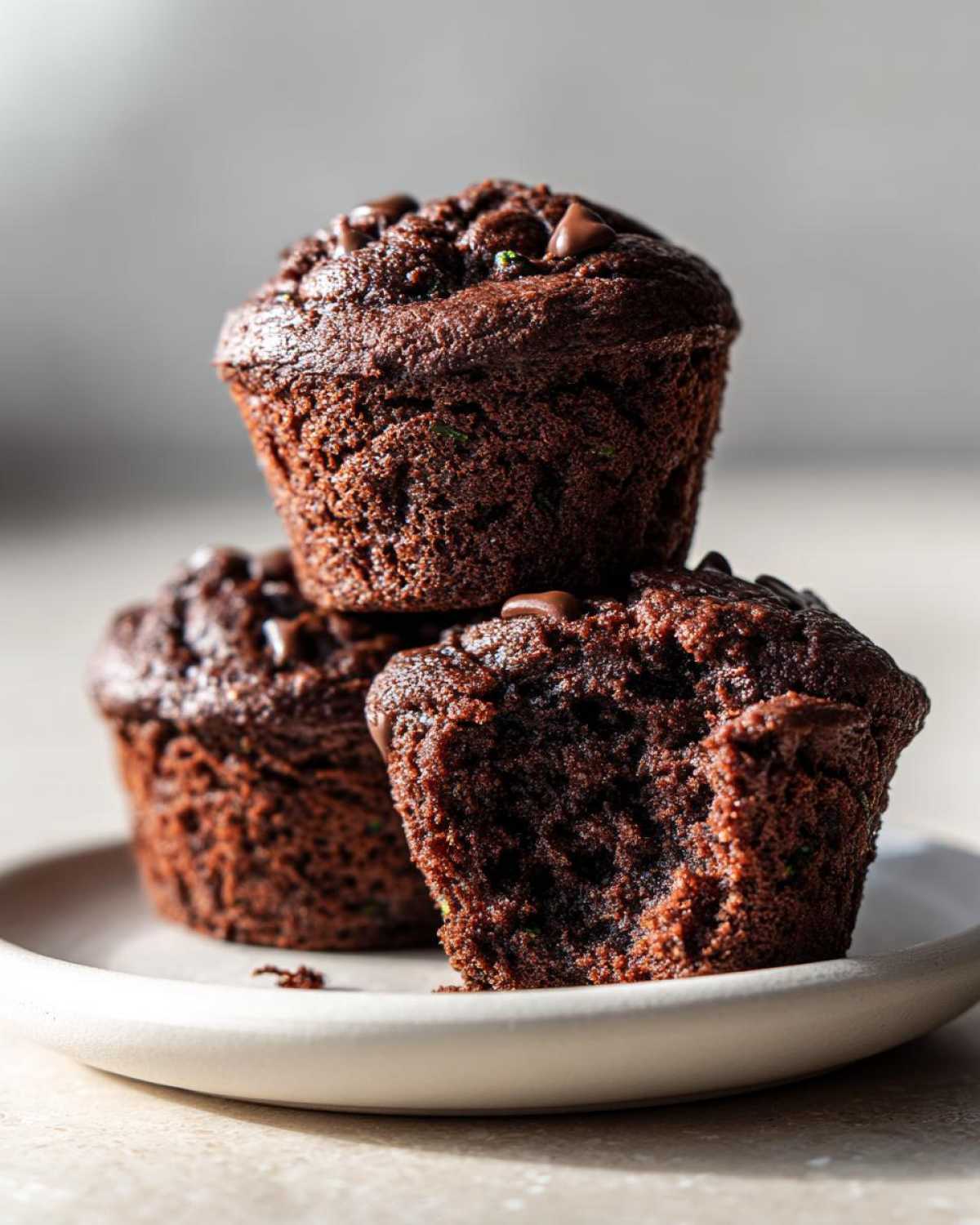 Three rich, dark chocolate zucchini muffins stacked, with one showing a bite taken out to reveal the moist interior.