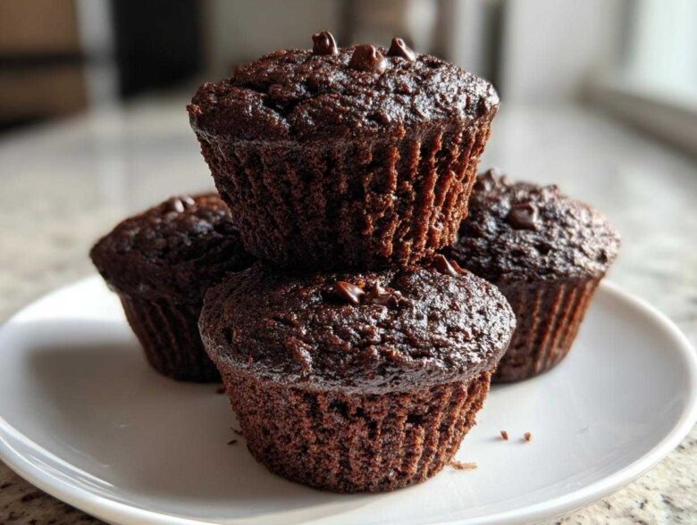 A stack of three rich, dark chocolate zucchini muffins topped with chocolate chips, resting on a white plate.