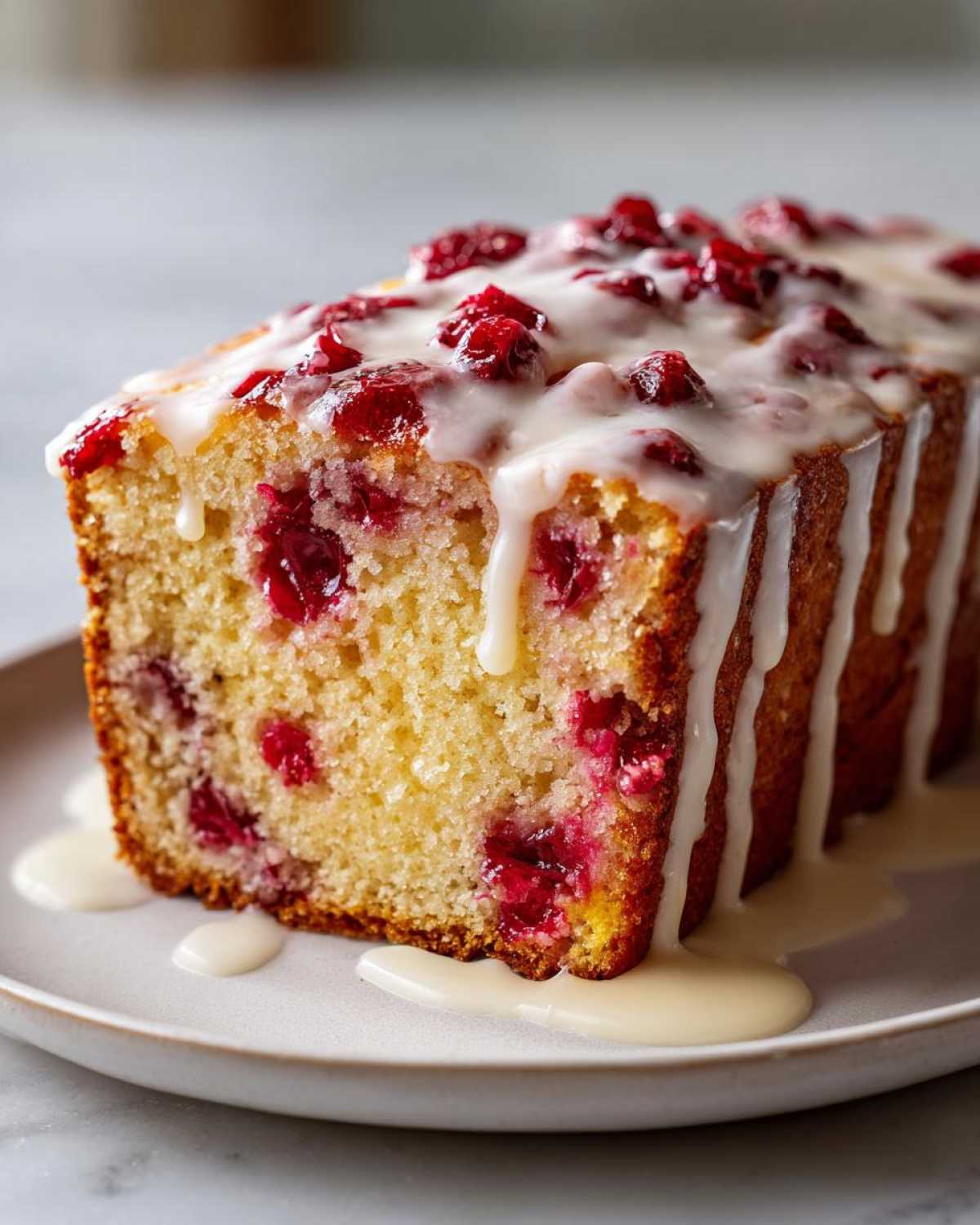 Close-up of a moist slice of cranberry orange bread topped with a thick white glaze and fresh cranberries.