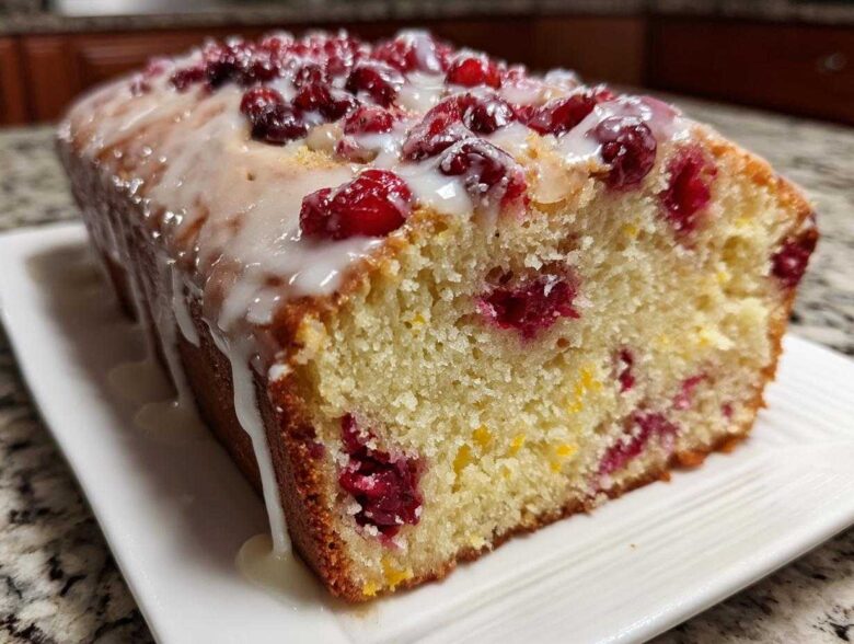 Close-up of a moist cranberry orange bread loaf topped with a white glaze and fresh cranberries.