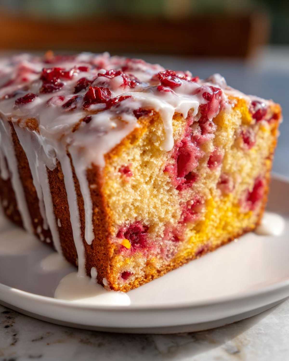 Close-up of a moist slice of cranberry orange bread topped with white glaze and whole cranberries.