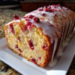 Close-up of a slice of moist cranberry orange bread topped with a thick white glaze and dried cranberries.