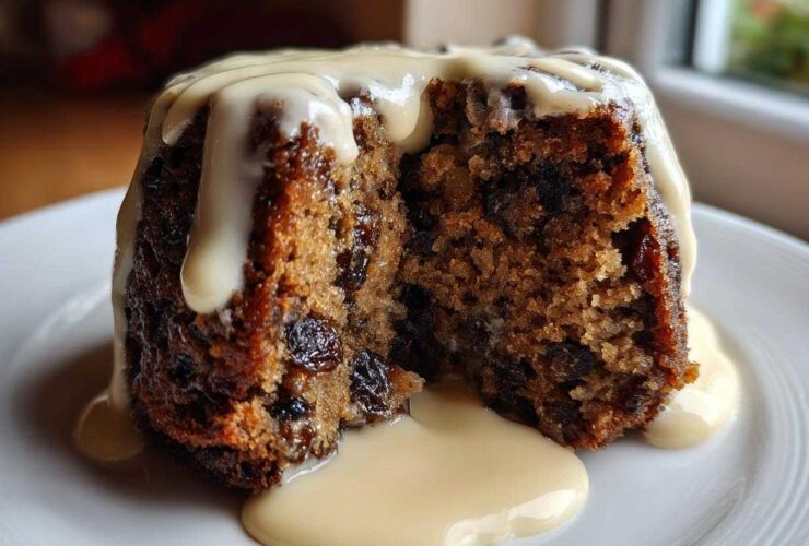 Close-up of a rich, dark plum pudding with a piece cut out, generously topped with vanilla custard sauce.