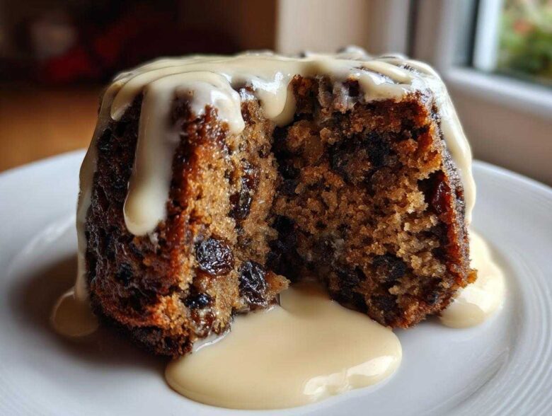 Close-up of a rich, dark plum pudding with a piece cut out, generously topped with vanilla custard sauce.