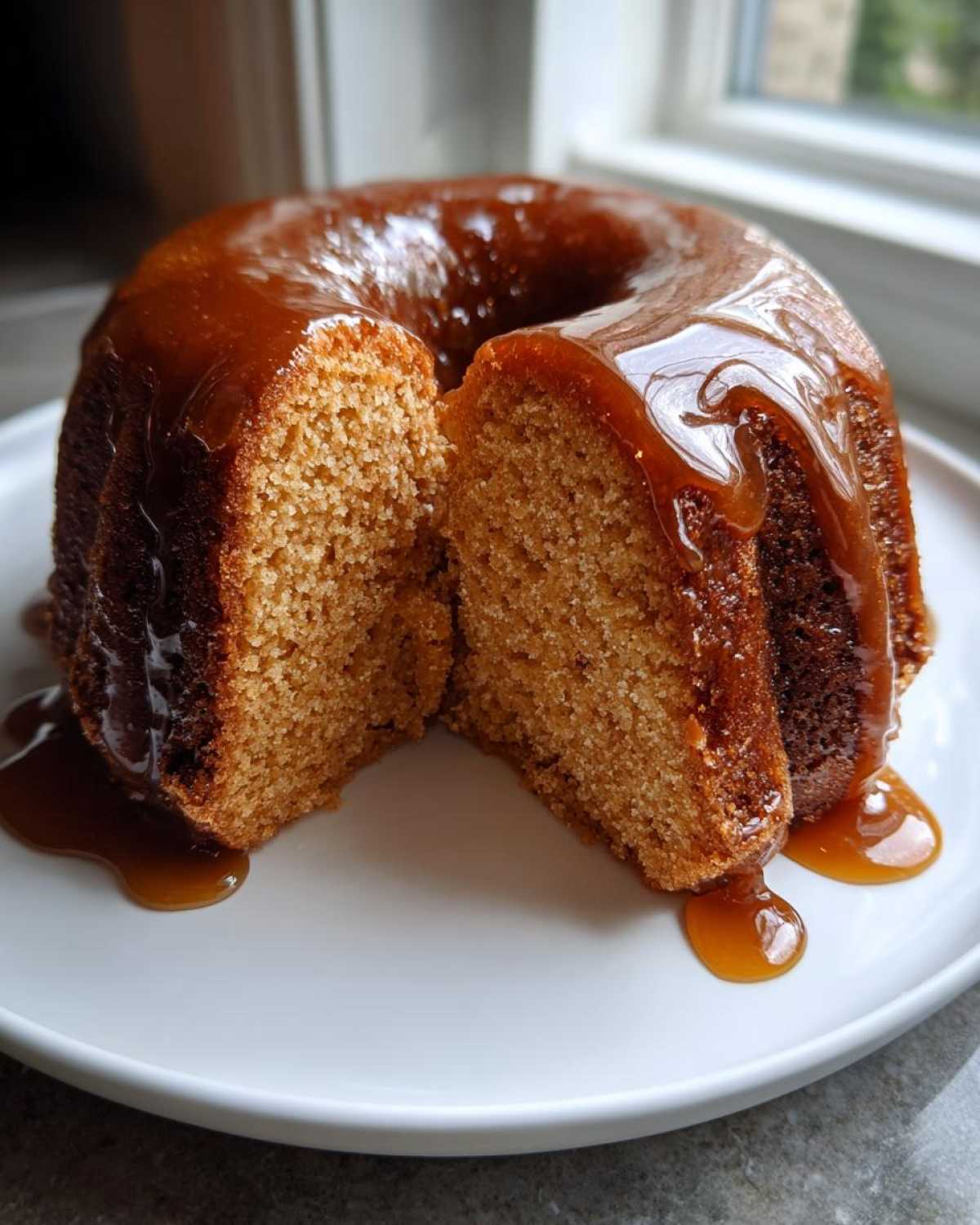 A slice cut from a bundt-style rum cake recipe, generously covered in a thick, glossy caramel glaze.