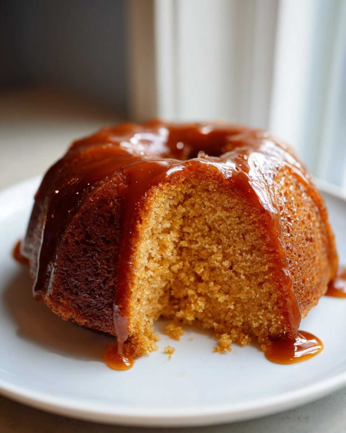 A slice taken out of a bundt-style rum cake recipe, generously topped with dripping caramel sauce.