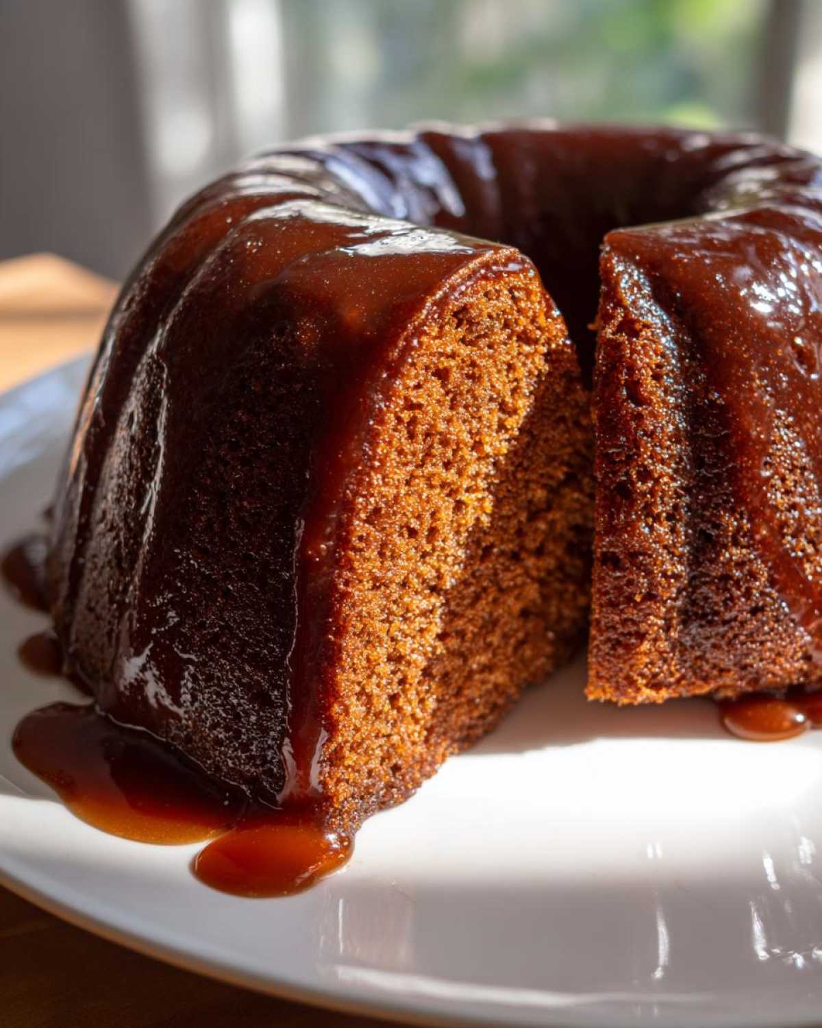 Close-up of a moist, dark brown rum cake with a thick, glossy rum glaze dripping down the sides onto a white plate.