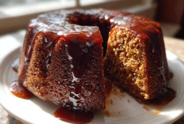 A moist, dark brown rum cake with a thick, glossy rum glaze dripping down the sides, sitting on a white plate.