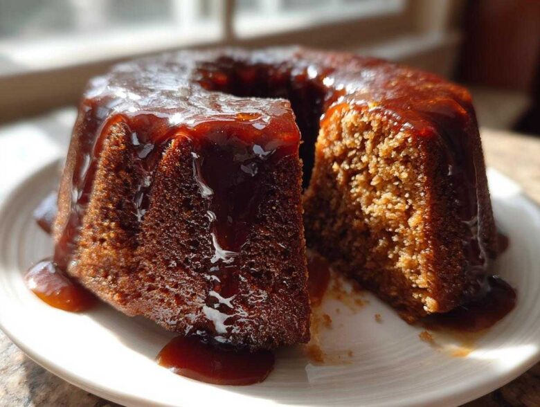A moist, dark brown rum cake with a thick, glossy rum glaze dripping down the sides, sitting on a white plate.