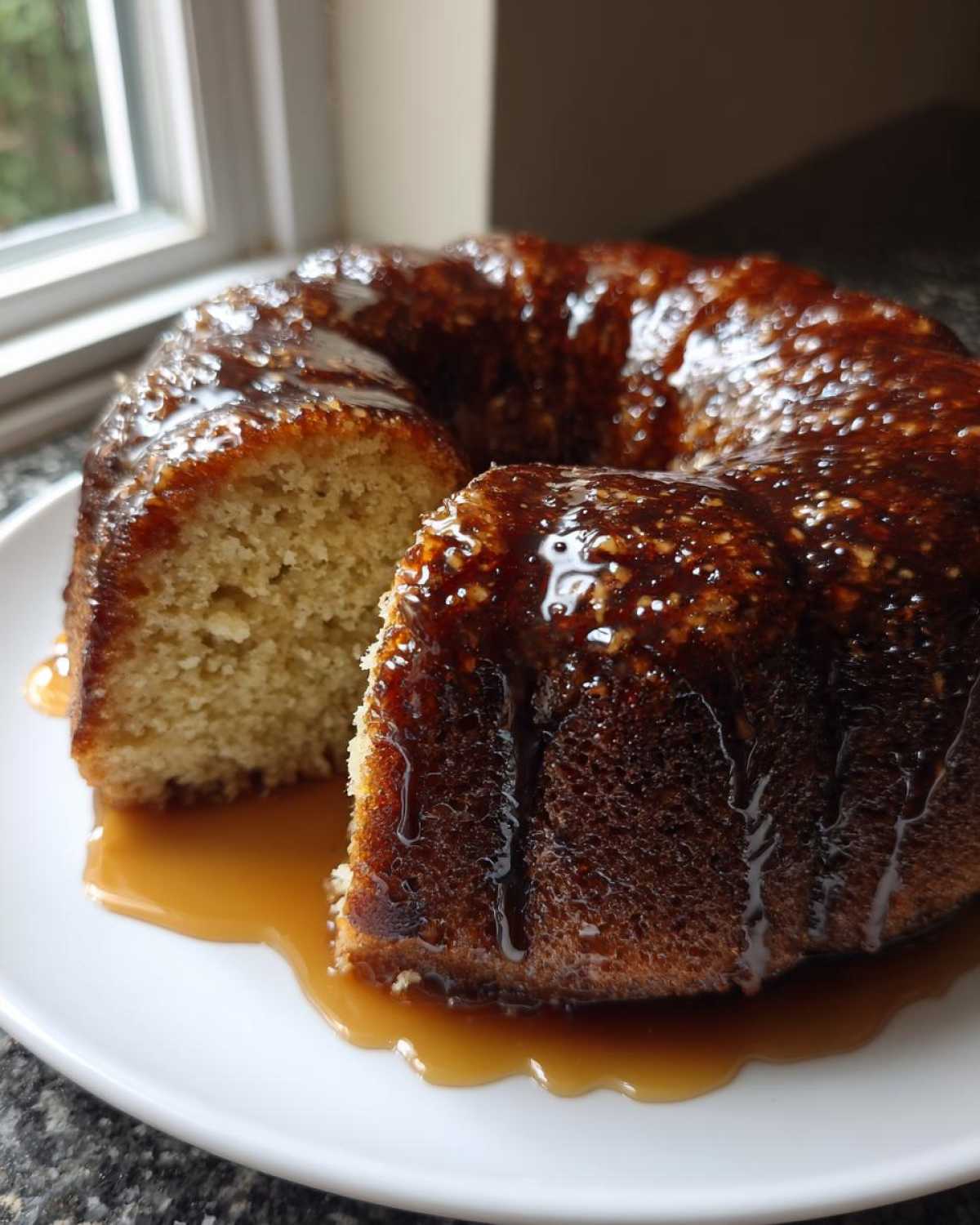 A bundt style rum cake recipe, cut to show the interior, generously covered in a shiny, nutty glaze.