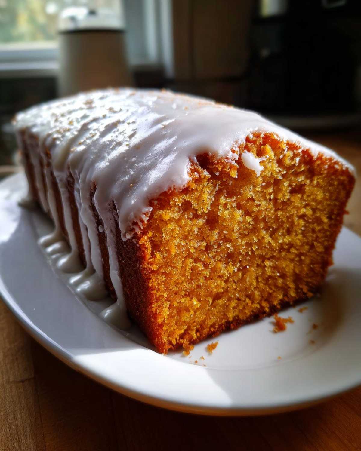 A close-up of a slice of moist sweet potato pound cake topped with a thick white glaze.