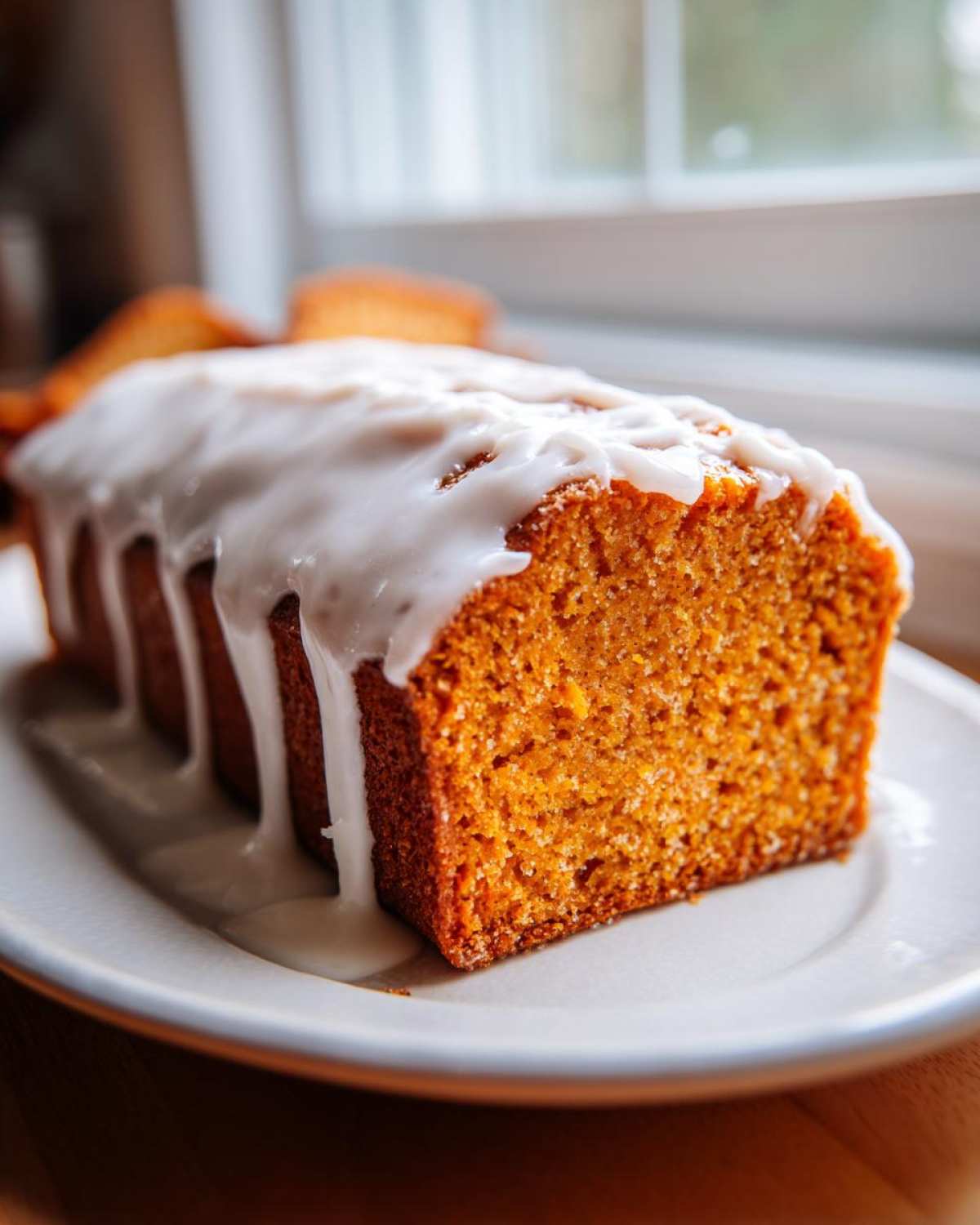 Close-up of a slice of moist sweet potato pound cake topped with thick, dripping white glaze.