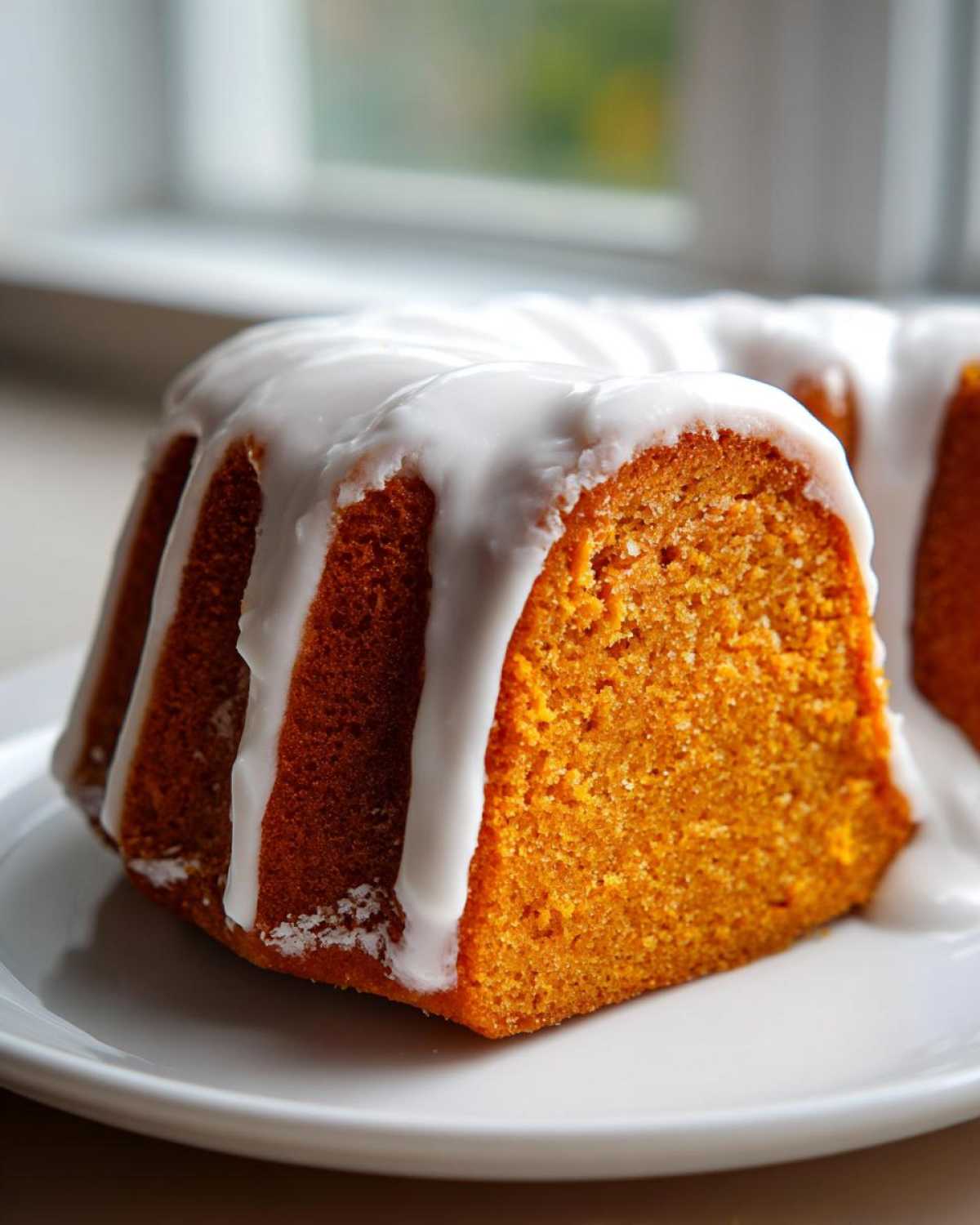 Close-up of a moist slice of orange sweet potato pound cake topped with thick white vanilla glaze.
