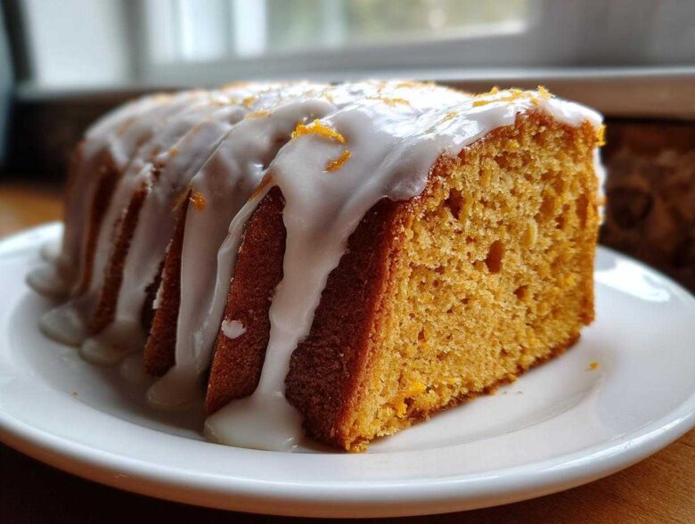 A thick slice of moist sweet potato pound cake drizzled with white glaze and orange zest.