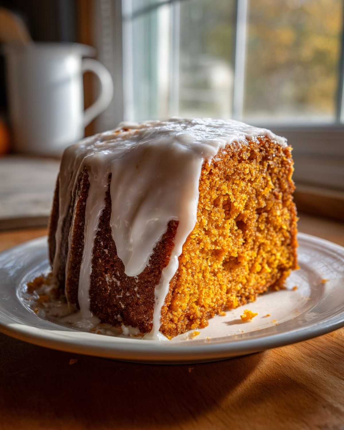 Close-up of a moist sweet potato pound cake slice topped with thick white icing, sitting on a white plate.