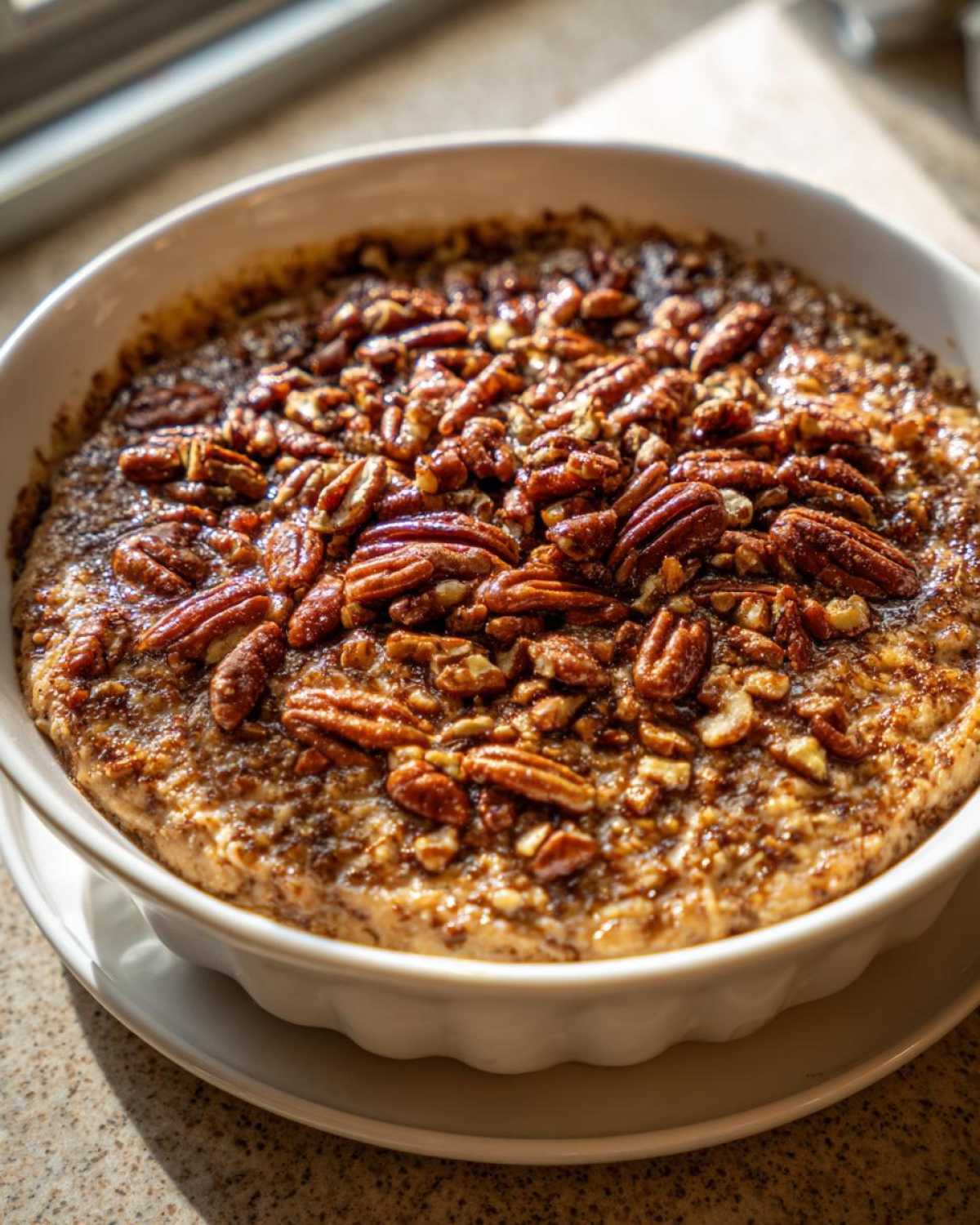 Close-up of a creamy pecan pie dip topped generously with whole and chopped pecans in a white dish.