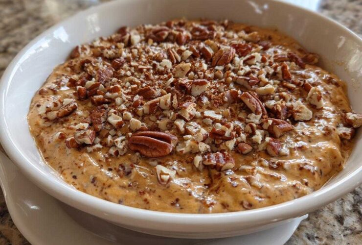 Close-up of a creamy, orange-hued no-bake pecan pie dip topped generously with chopped pecans.