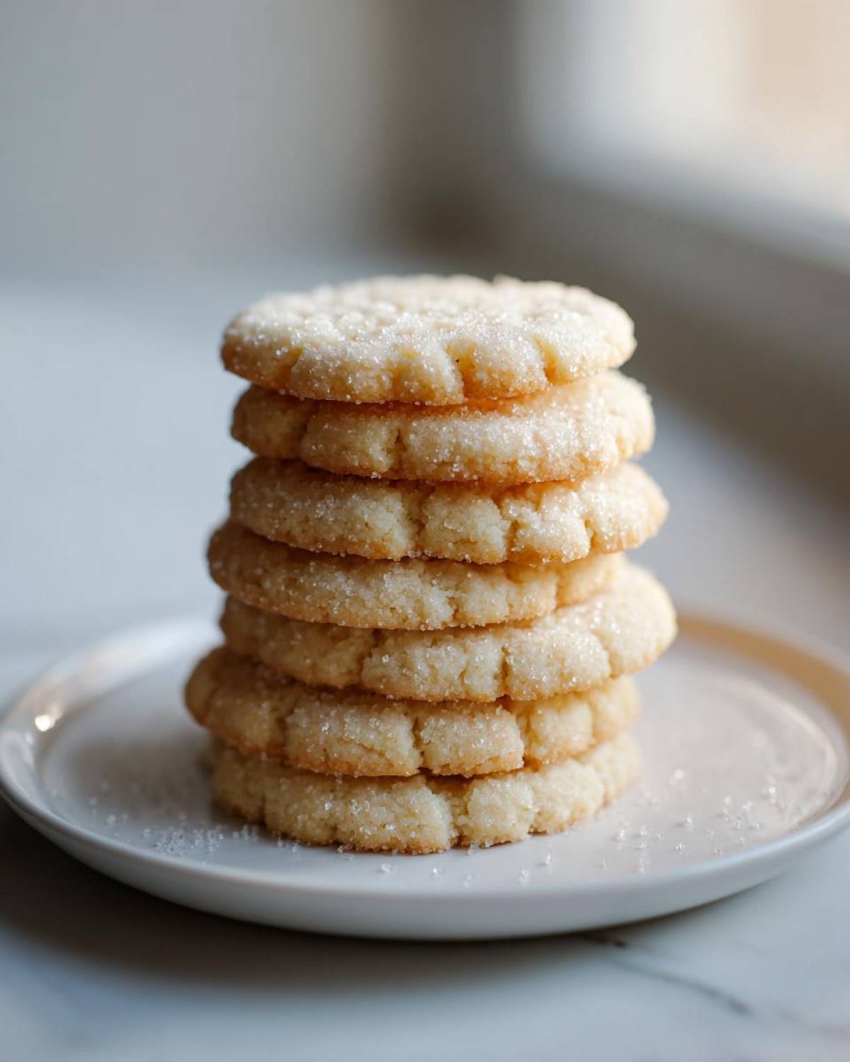 A tall stack of six perfectly formed, round sugar cookie treats coated in sparkling sugar.