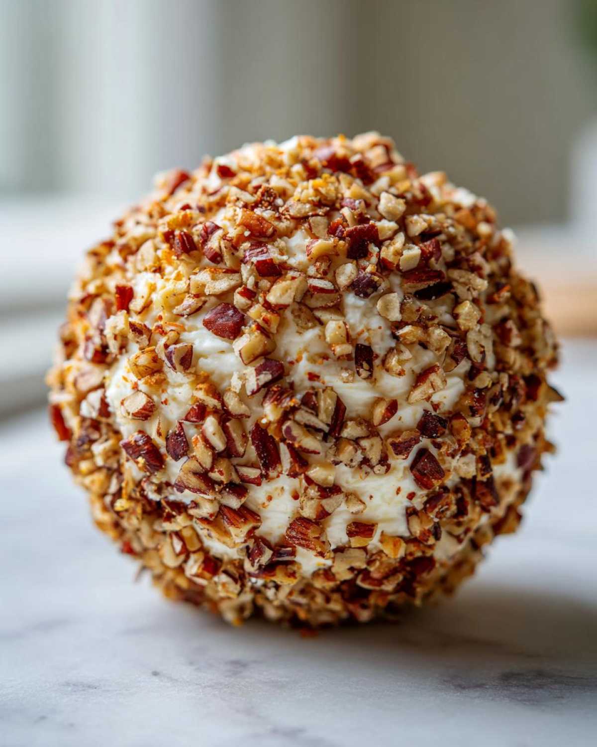 A perfectly formed cheese ball recipe coated entirely in chopped, toasted pecans, resting on a white marble surface.
