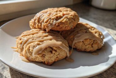 Three freshly baked apple pie cookies drizzled with a light brown glaze, stacked on a white plate.