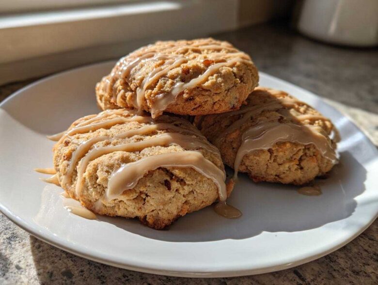 Three freshly baked apple pie cookies drizzled with a light brown glaze, stacked on a white plate.
