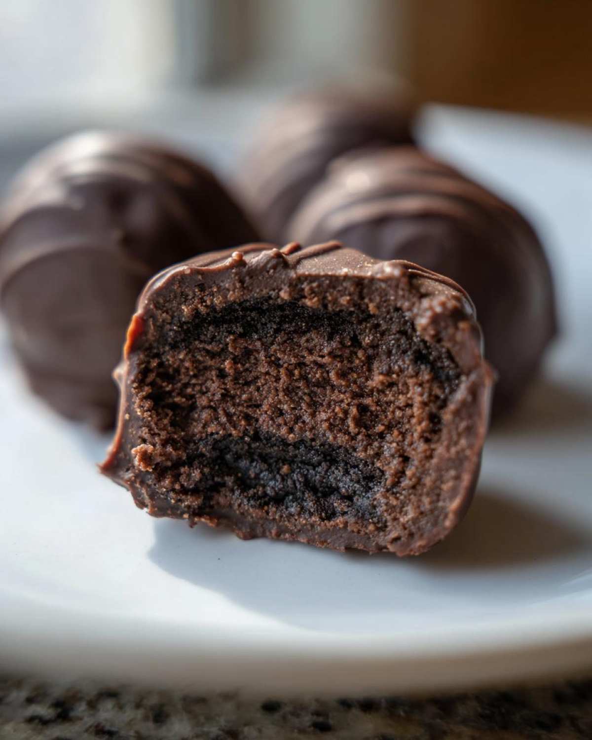 Close-up of a chocolate-coated oreo balls cut in half, showing the dense, dark chocolate interior.