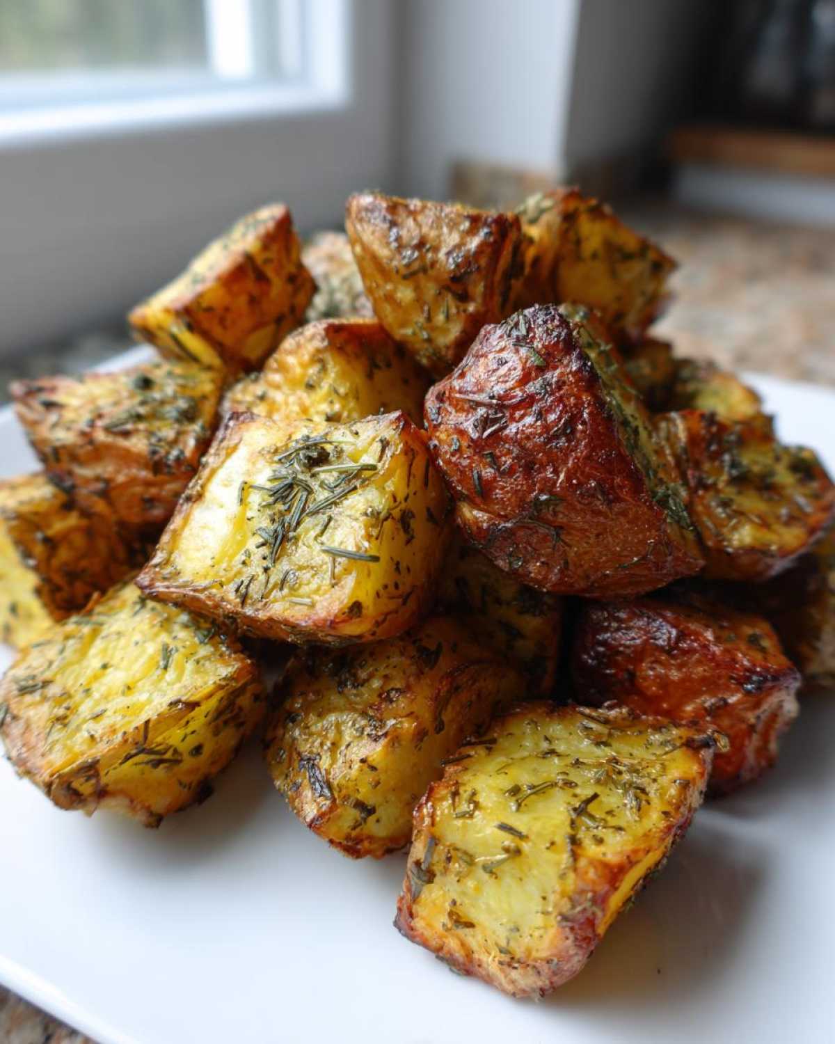 A close-up of perfectly browned and seasoned oven roasted potatoes piled on a white plate.