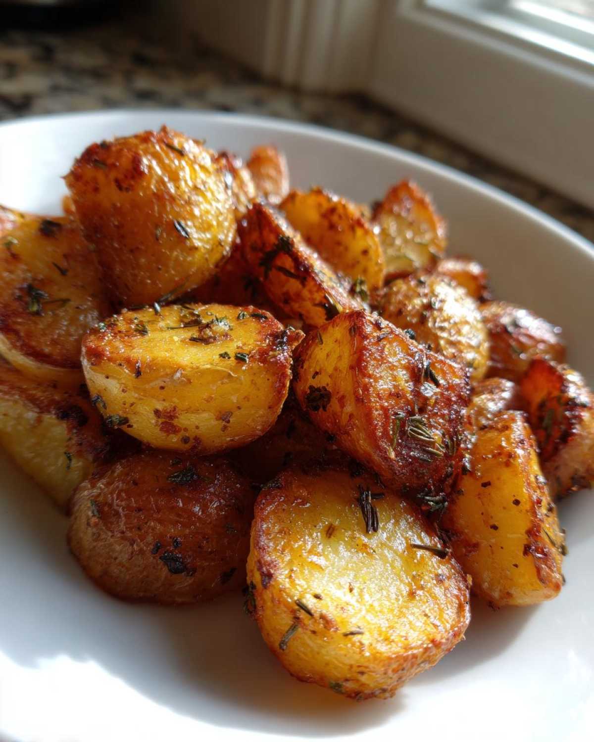 Close-up of golden brown, crispy oven roasted potatoes seasoned with herbs in a white bowl.