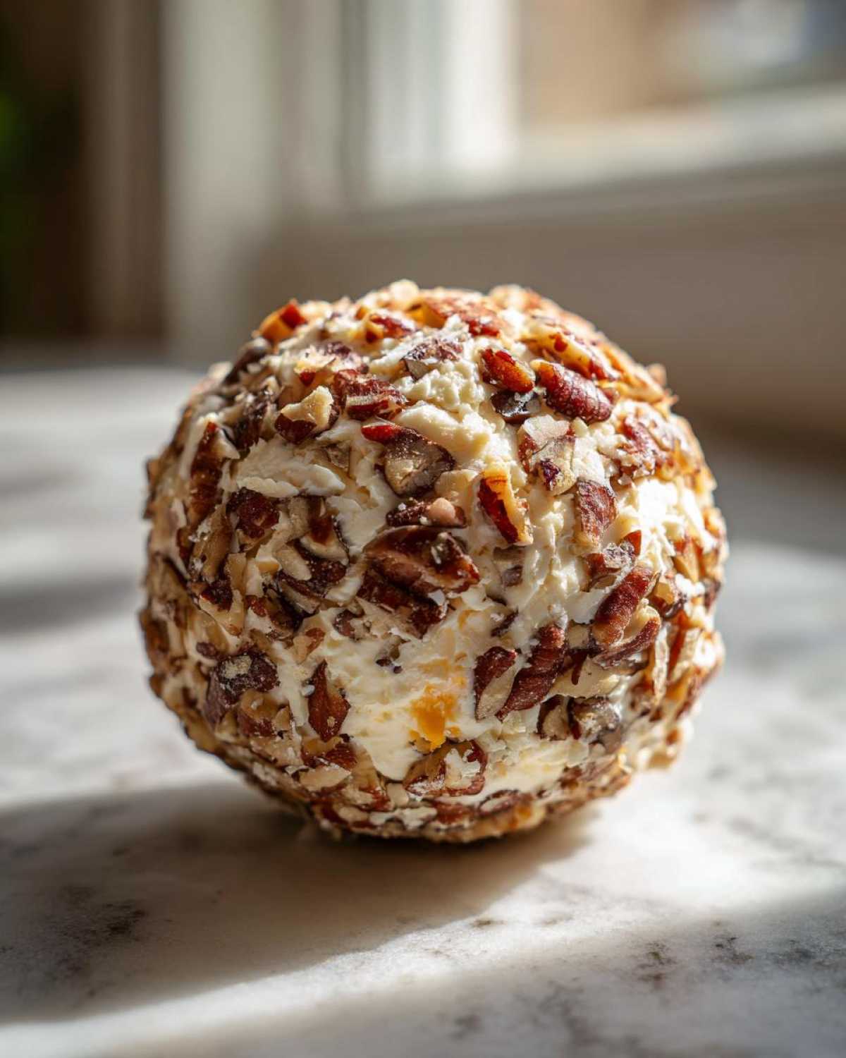 A close-up, appetizing view of a homemade cheese ball recipe coated entirely in chopped pecans, sitting on a marble surface.