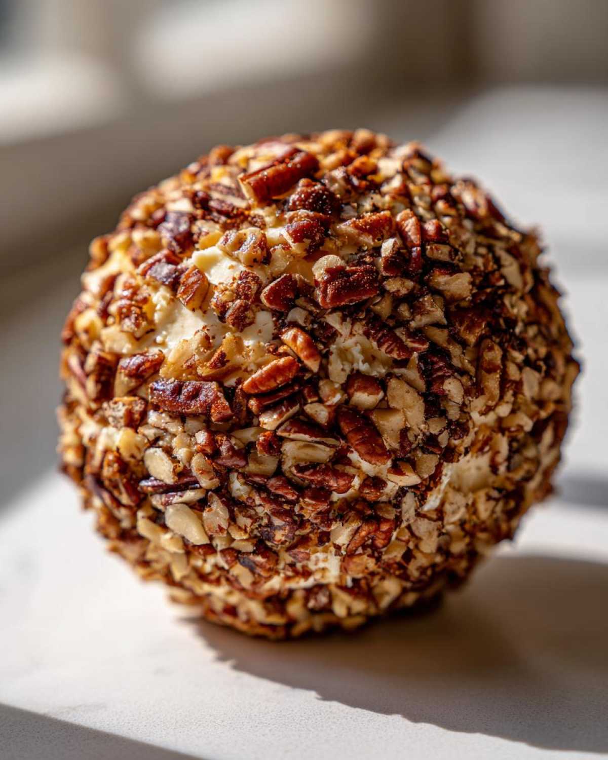 A perfectly formed cheese ball recipe coated entirely in chopped, toasted pecans, sitting on a light surface.