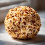 A perfectly formed cheese ball recipe coated entirely in chopped toasted pecans, sitting on a marble surface.