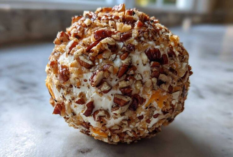 A close-up, featured image of a perfectly formed cheese ball recipe coated entirely in chopped pecans.