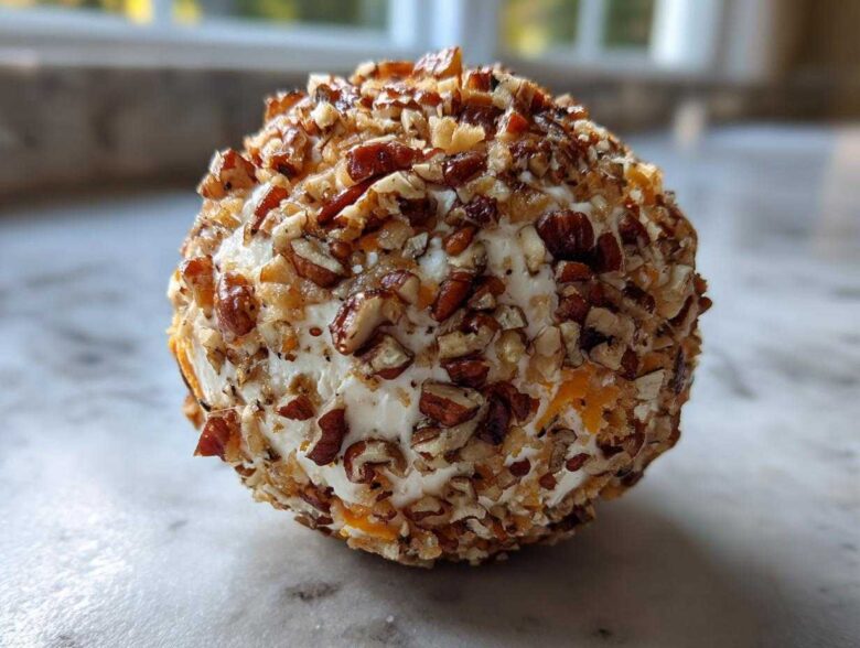 A close-up, featured image of a perfectly formed cheese ball recipe coated entirely in chopped pecans.