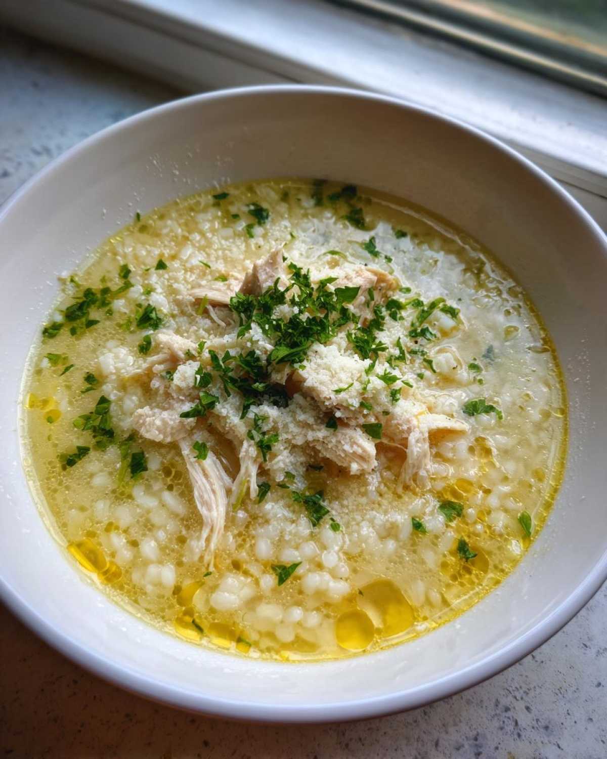 A close-up of a white bowl filled with penicillin soup, featuring shredded chicken, orzo pasta, and topped with grated cheese and fresh parsley.