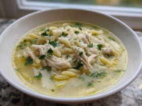 A close-up of a white bowl filled with steaming penicillin soup, featuring shredded chicken, orzo pasta, and parsley.