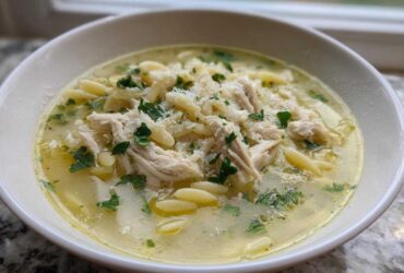 A close-up of a white bowl filled with steaming penicillin soup, featuring shredded chicken, orzo pasta, and parsley.