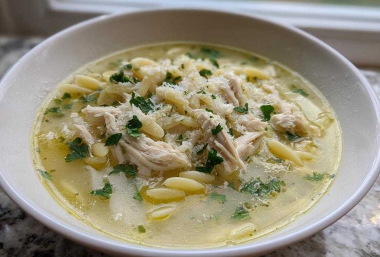 A close-up of a white bowl filled with steaming penicillin soup, featuring shredded chicken, orzo pasta, and parsley.