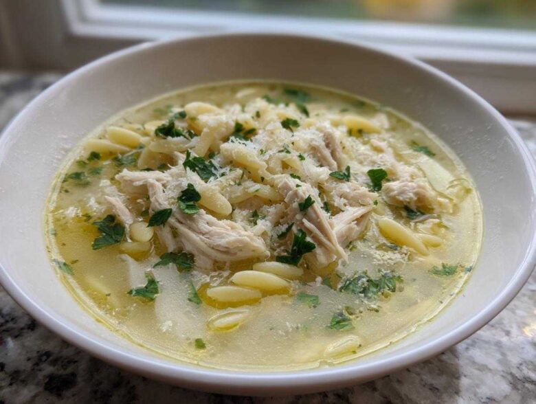 A close-up of a white bowl filled with steaming penicillin soup, featuring shredded chicken, orzo pasta, and parsley.