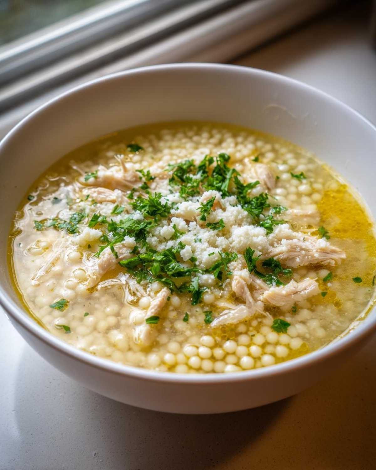 A close-up of a white bowl filled with penicillin soup, featuring small pasta pearls, shredded chicken, and topped with grated cheese and fresh parsley.