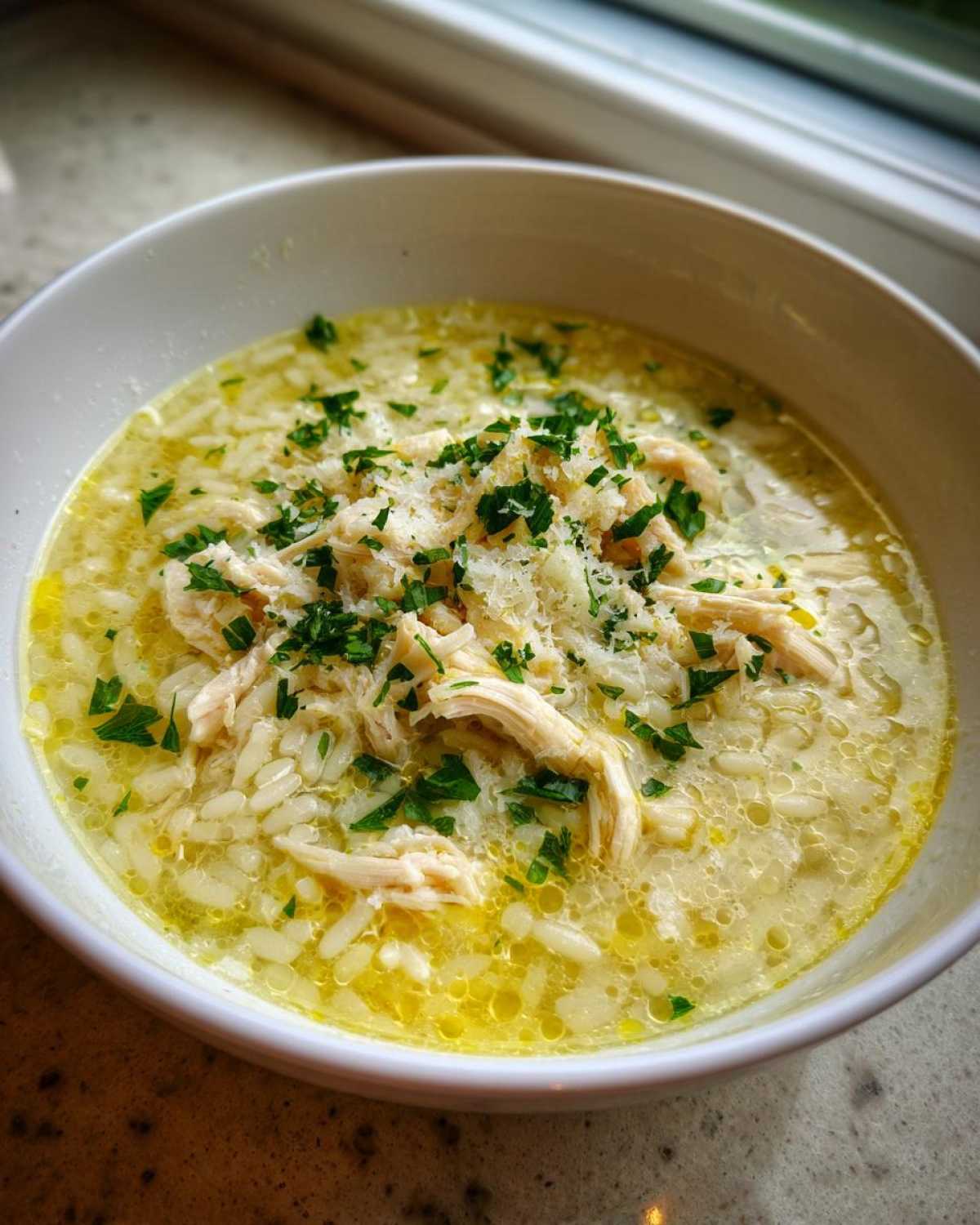 A close-up of a white bowl filled with rich penicillin soup, featuring shredded chicken, rice, and topped with Parmesan and fresh parsley.